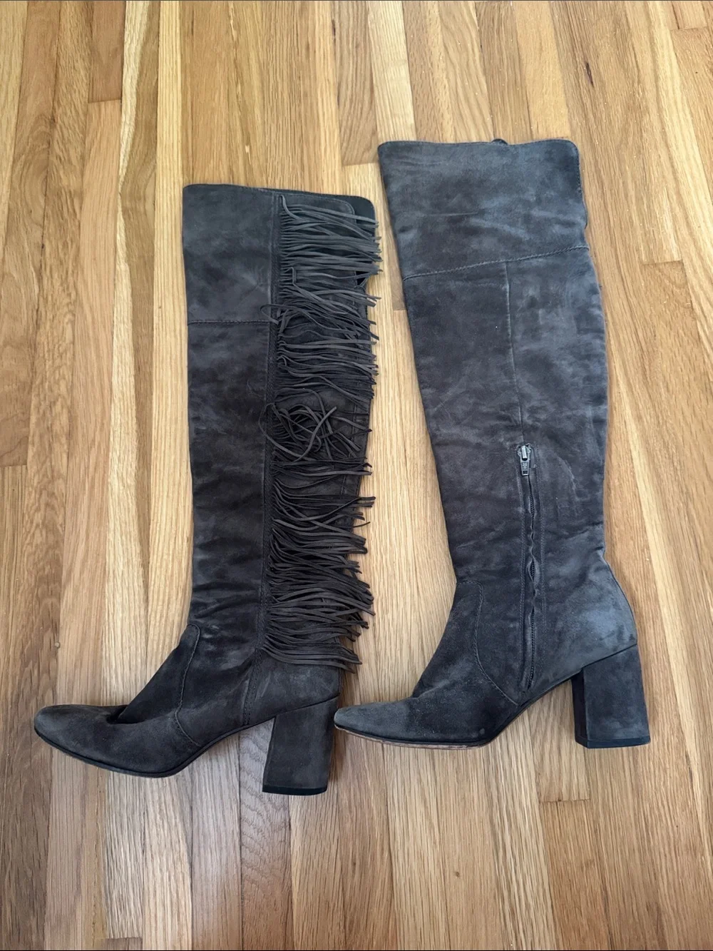 Frye Dark Gray Suede Over-the-Knee Fringe Boots